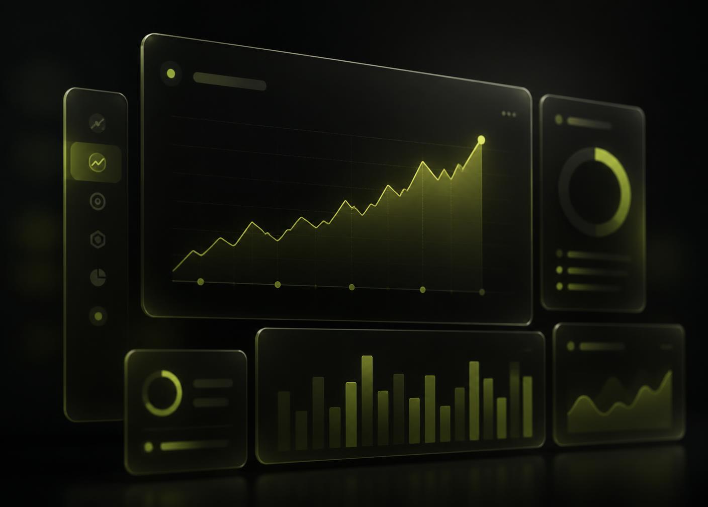 Dark analytics dashboard showing growth in reach and leads