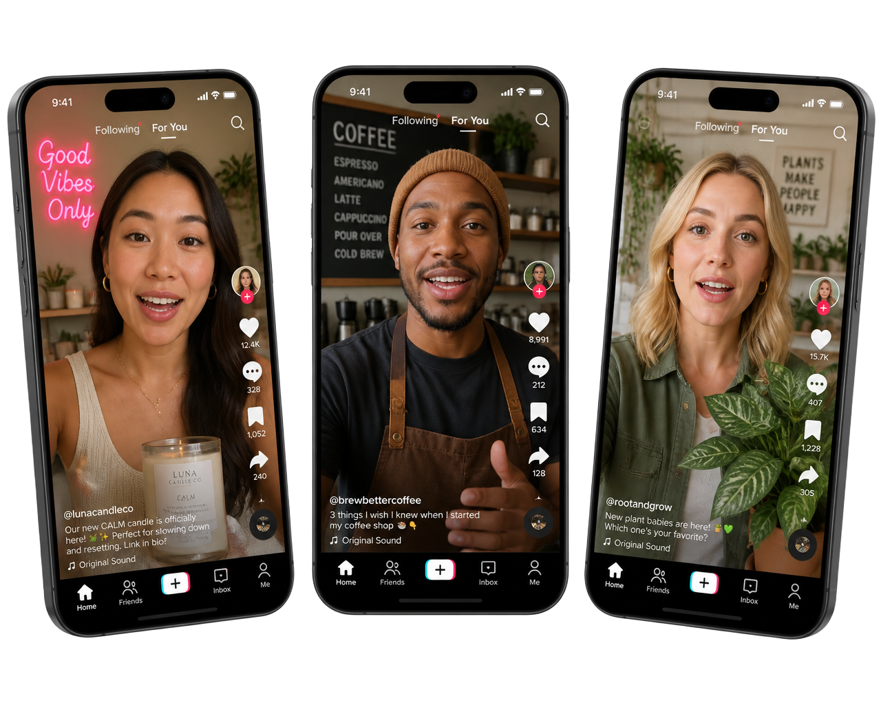 Small business owners talking to camera in short-form vertical videos across three phones